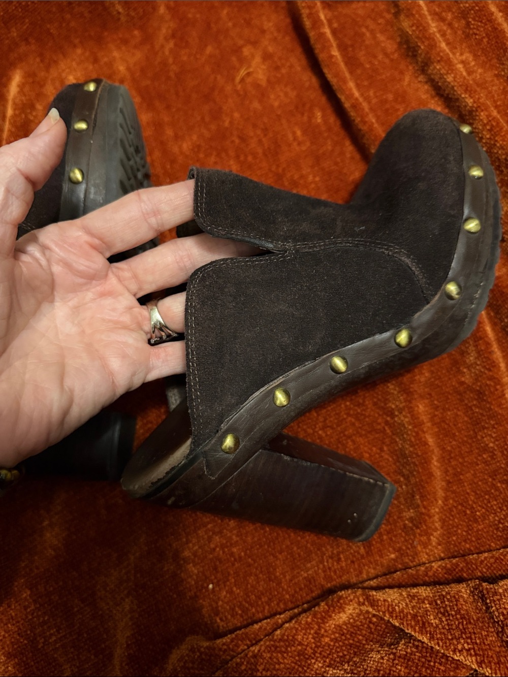 Vianni | Chocolate Suede Studded Slip-On Mules Wood Sole Treaded | 38 - Picture 9 of 9